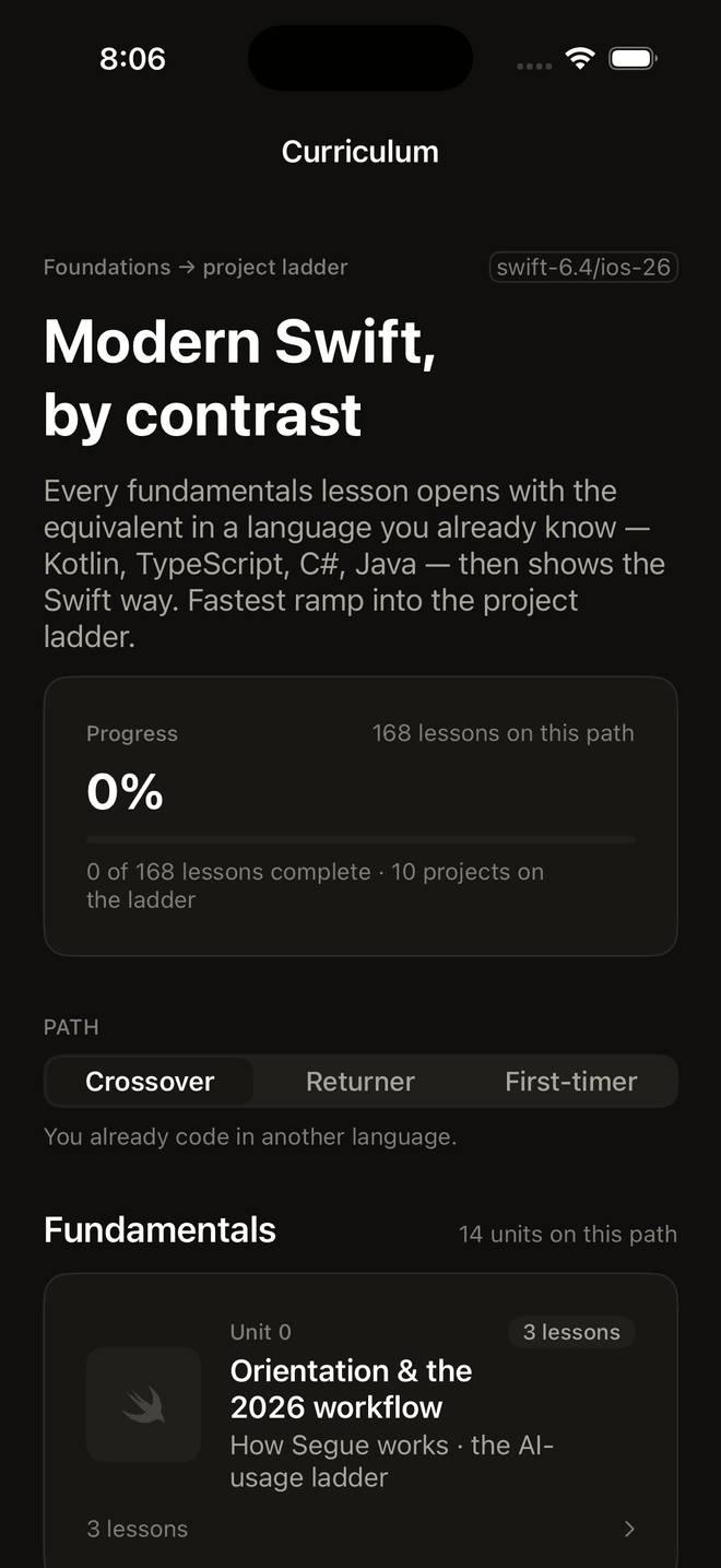 Segue's iOS app — the curriculum home, running in the iOS simulator