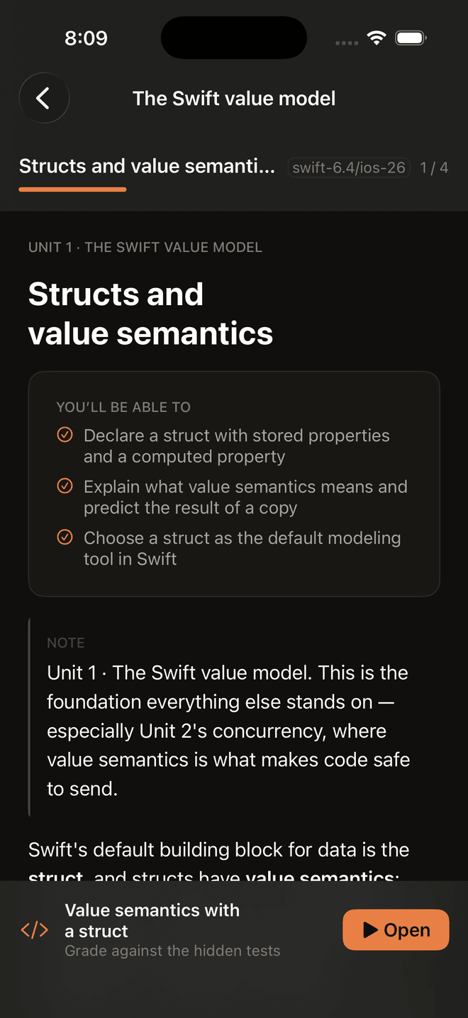 Segue's iOS app — a lesson with objectives and a graded exercise