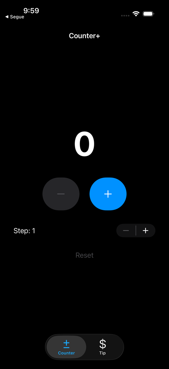 Counter+ at rest — count 0, minus and Reset disabled