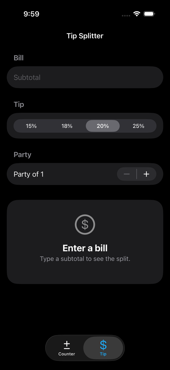 Tip Splitter empty state — a prompt instead of a wall of zeros