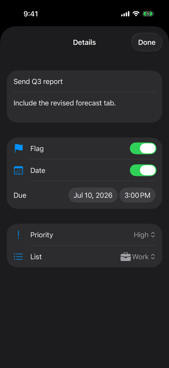 The reminder editor — notes, flag, due date, priority, and list