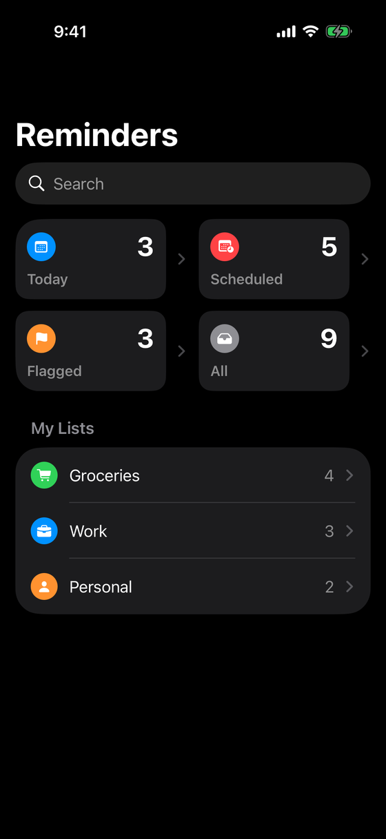 Reminders home — Today/Scheduled/Flagged/All smart tiles with counts and My Lists