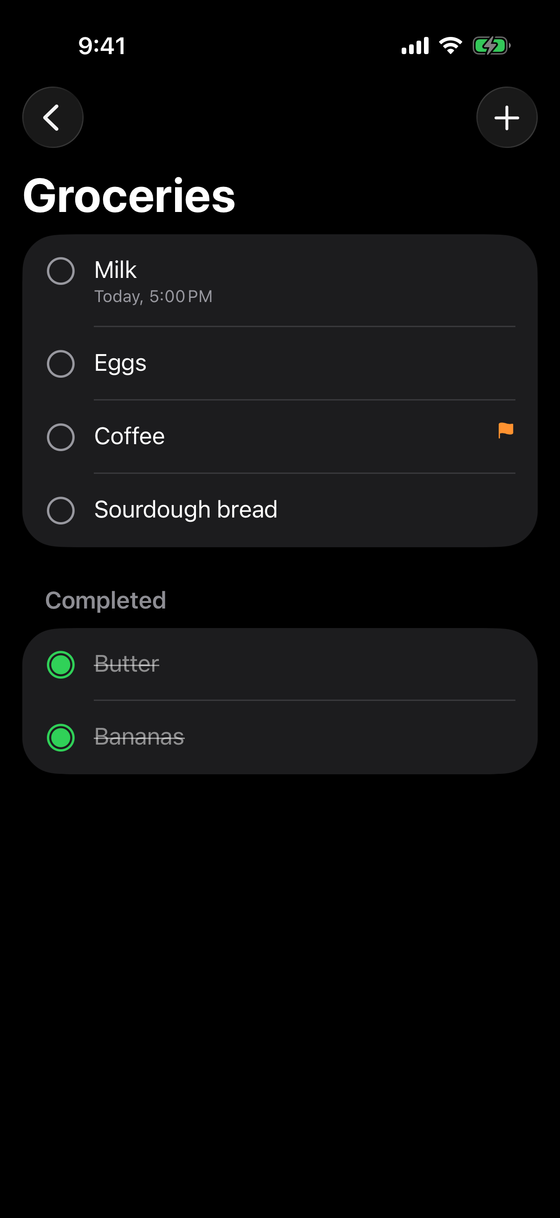 A list of reminders with due dates, priority markers, and flags