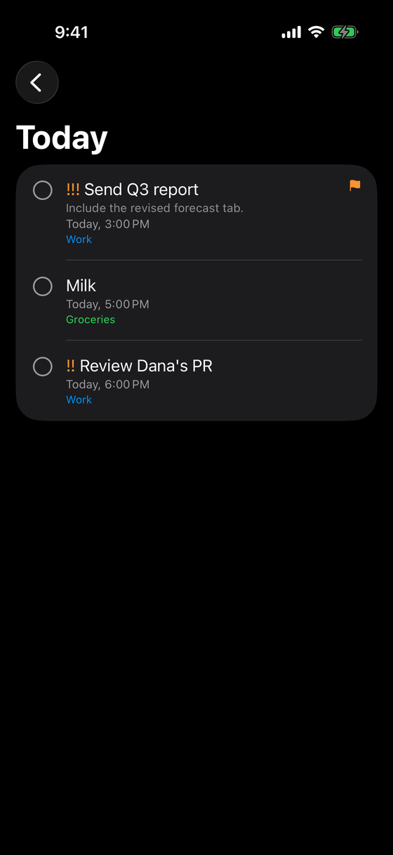 The Today smart view gathering everything due today across lists