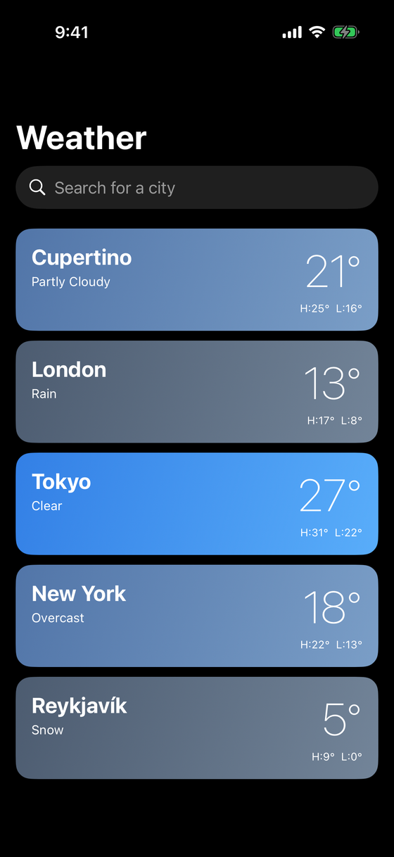Skycast locations — saved city cards with condition, temperature, and high/low