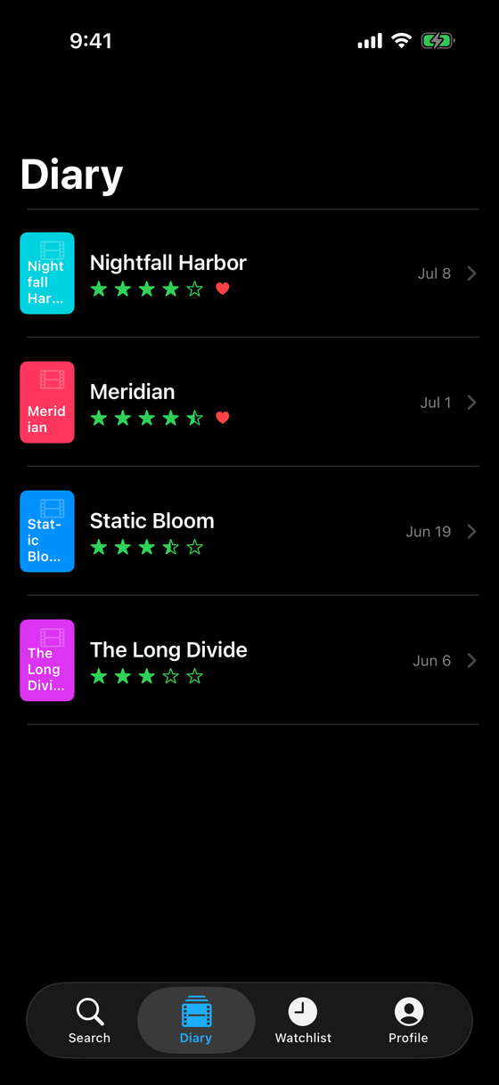 Reeler diary — logged films with rating and date, reverse-chronological