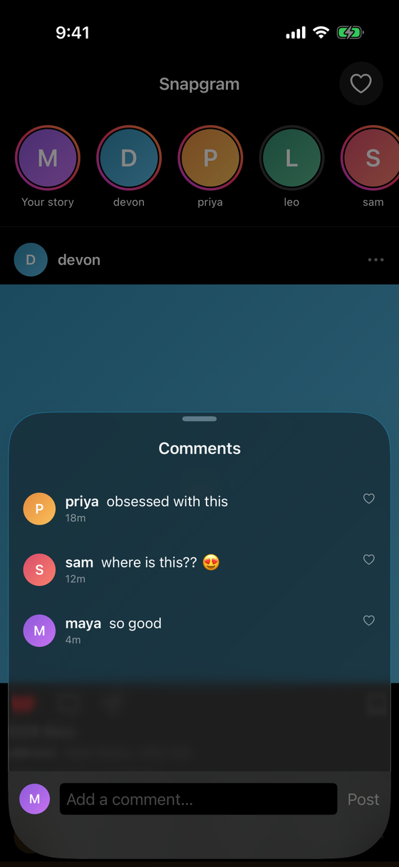 Snapgram comments — a sheet of comments with an add-comment bar