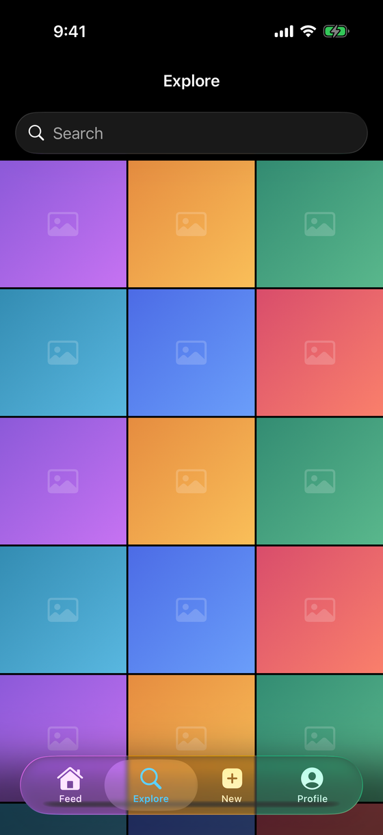 Snapgram explore — a discovery grid of posts with search