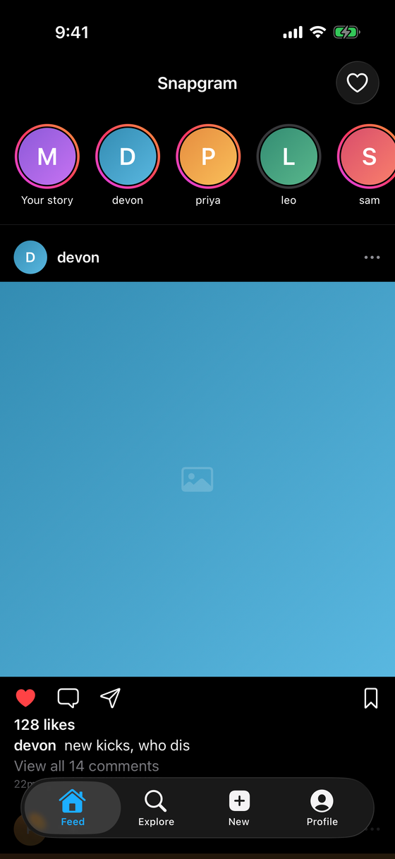 Snapgram feed — a stories bar and posts with like/comment/save