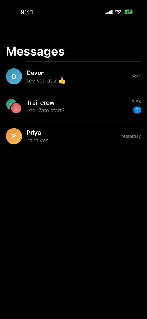 Pingline conversation list — 1:1 and group threads with unread badges