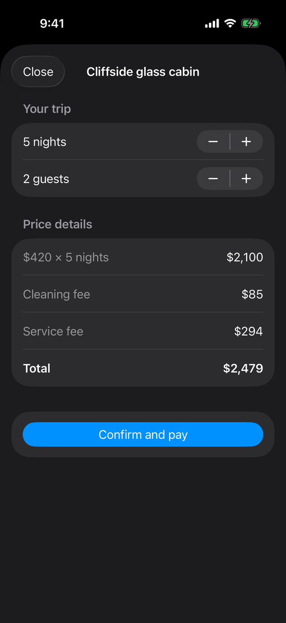 Staybnb booking — nights/guests and a price breakdown