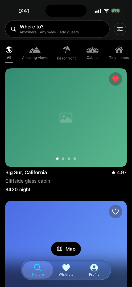 Staybnb explore — category row and listing cards with photo galleries