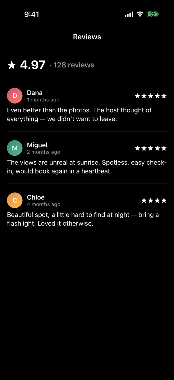 Staybnb reviews — a rating summary and review cards
