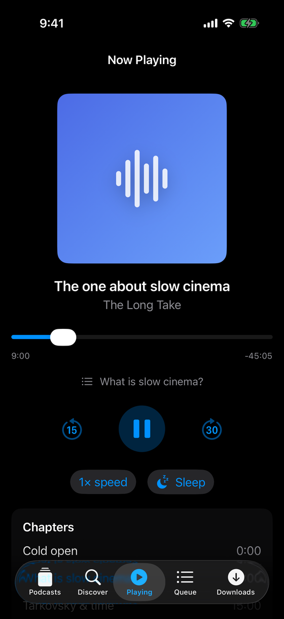 Trackcast Now Playing — scrubber, current chapter, speed, sleep, and a chapters list
