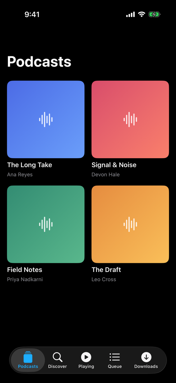 Trackcast Podcasts — a grid of subscribed shows