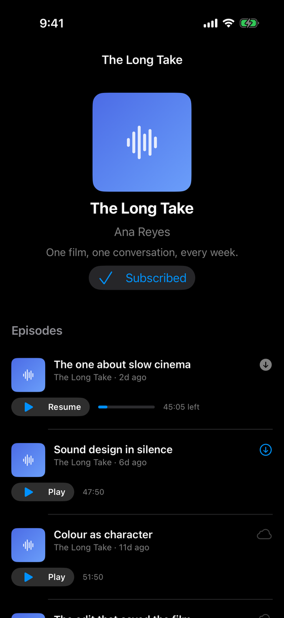 Trackcast show page — show info and an episode list with download badges